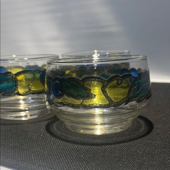 Set of Three Glass Candle Holders with Blue and Yellow Design - Picture 3 of 7